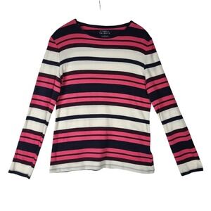 Talbots The Talbots Tee Shirt Women's Large Pink Black Striped Long Sleeve